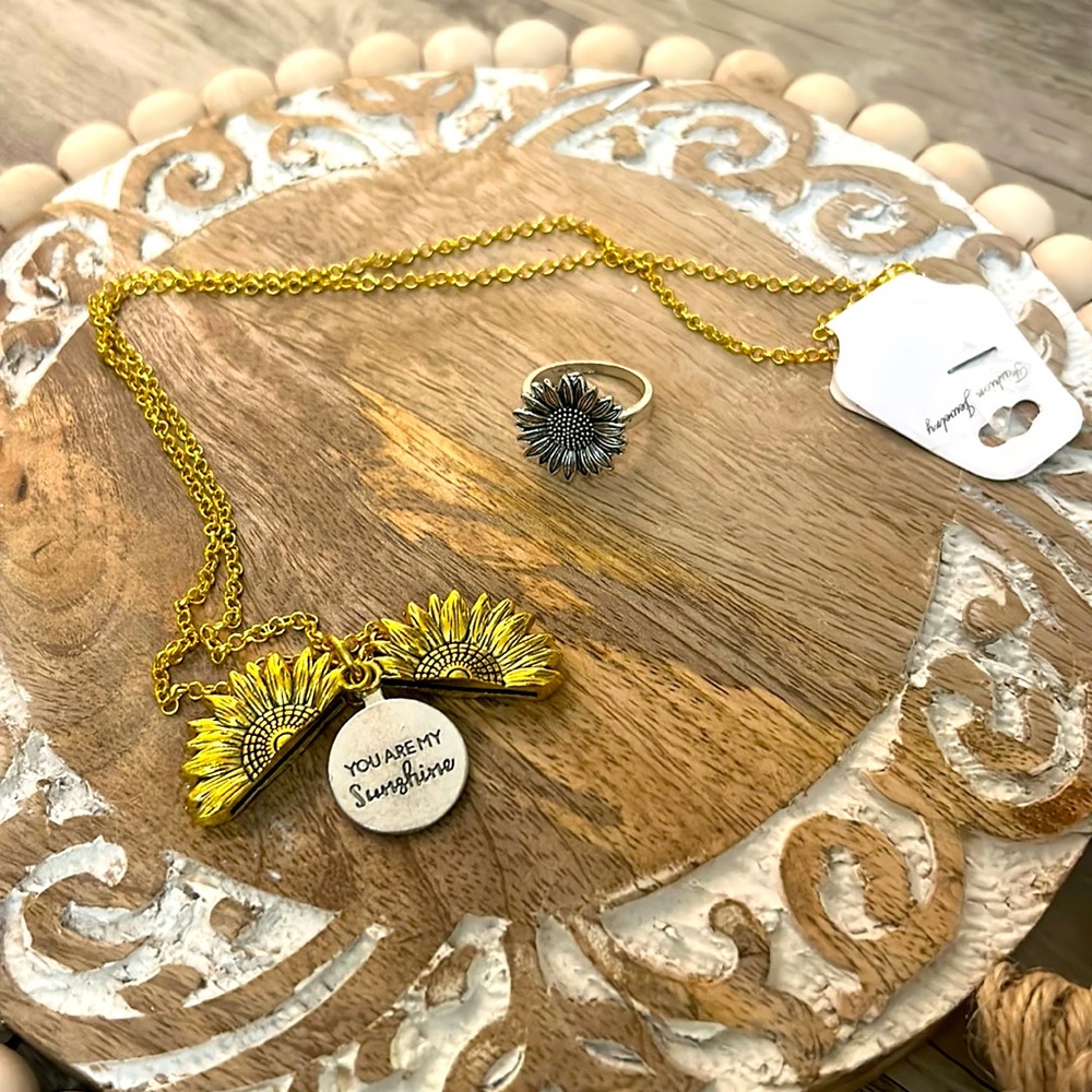 Sunflower bundle faux  gold necklace and faux silver ring